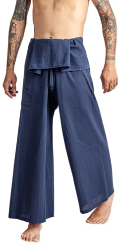 LannaPremium Thai Fisherman Pants - Hakama Pants Adjustable & Stylish for Yoga, Meditation, Dance, Martial Arts & More -Dark Blue
