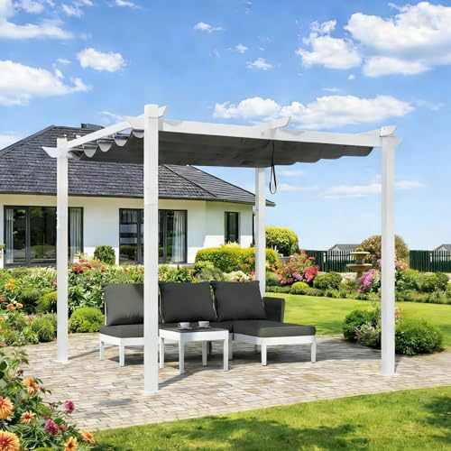 PURPLE LEAF Pergola 3 × 3 m Weißer Alurahmen mit Einziehbarem Dach, Grau | Weißer Alurahmen, Modernes Pergola, Verstellbares Vordach, Robuster Stabiler, Farbechter stoff, UV-Schutz