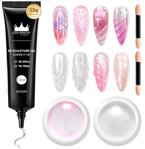 BISHENGYF 3D Nail Gel and Chrome Nail Powder: Clear 3D Sculpting Nail Gel,2Pcs Moonlight Aurora Pearl Chrome Nail Powder,No Wipe Glue for Art Decoration Home(White/Pink)