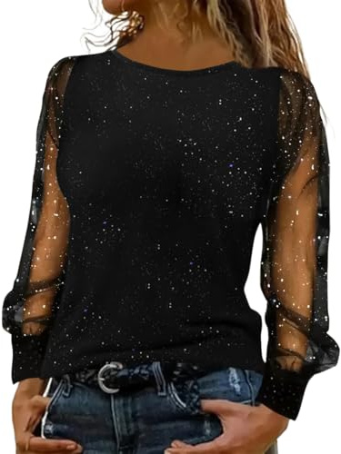 Onsoyours Chemisier Femmes Blouse en Tulle À Manches Longues Transparentes T-Shirt Mode Chic Épaules Dénudées Haut Tops Pullover Couleur Unie Shirt Tunique 01 Noir XL