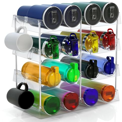 Urincros Water Bottle Storage, Bottle Rack, 4 Tier Clear Stackable Water Bottle Organiser and Bottles Holder for Kitchen and Cupboard, Hold 16 Bottles(Up to 32oz Each), With 8 Hooks for Hanging Mugs