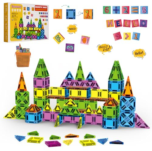 Sasewot Bloques magneticos construccion niños-227PCS,Juguetes para Piezas magneticas niños,3D Stem Creatividad Magnetic Tiles,Puzzle Letras y Números Magnéticos,Regalo niña 2 3 4 5 6 7 8 9 años