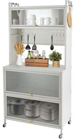 Tyvotrend 5-stufiges Küchenregal Stehende, Küchenschrank mit Haken & Rollen & Füße, Bäckerregal Standregal Mikrowellenregal Lagerregal für Küche Wohnzimmer, Weiß, 80x40x162.5cm