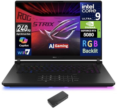 ASUS ROG Strix AI Gaming Laptop 16.0 240Hz Mini LED WQXGA Display (Intel Ultra 9-275HX, GeForce RTX 5080 16GB, 32GB DDR5, 4TB PCIe SSD, RGB KB, 2 Thunderbolt 5, WiFi 7, Win 11 Pro) w/USB-C Dock