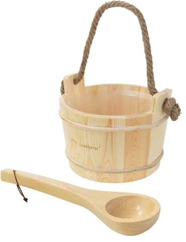 LuxeBath Set de Accesorios para Sauna Cubo para Infusiones con Inserto de Plástico y Cucharón de Madera Maciza de Pino Cubeta de 4 litros 2X Piezas de Suministros para Baño de Vapor