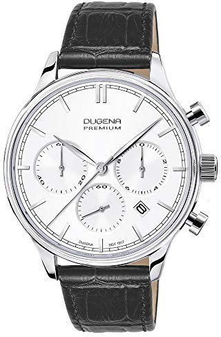 Dugena Herren-Armbanduhr 7000200 Sigma Chrono, Quarz, weißes Zifferblatt, Edelstahlgehäuse, Saphirglas, Lederarmband, Dornschließe, 5 bar