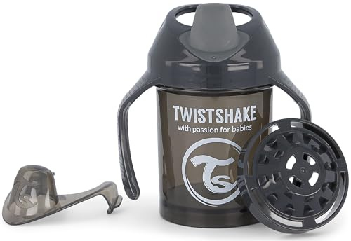 Twistshake Mini Cup | Auslaufsicherer Baby-Schnabelbecher mit Weichem Ausgießer und Fruchtmixer - 230 ml | Entwöhnungsbecher für Kinder | BPA-Frei | Schwarz