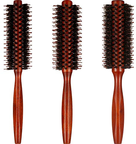Boao 3 Pieces Boar Bristle Round Hair Brush Set for Women Men Round Drying, Styling, Curling Hair Brush with Wood Handle Quiff Roller(10/12/ 14 Rows)
