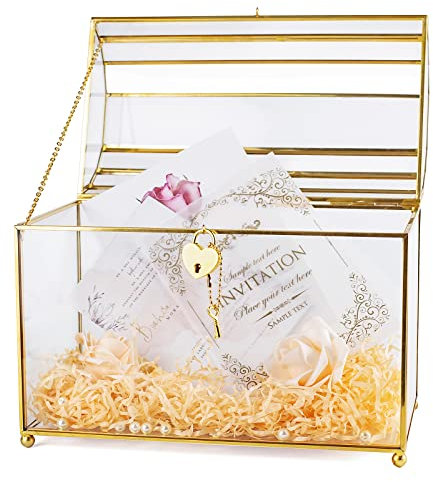 Boîte à cartes de mariage en verre doré avec fente et verrou en forme de cœur, grande boîte transparente pour réception de mariage, fête, fête prénuptiale, boîte de présentation en verre laiton faite