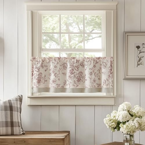 TOPICK Leinen Scheibengardinen 1er Pack Blickdicht Küchengardinen 45H x 125B(cm) Frühling Landhausstil Gardinen Floral Verdunkelnd Vorhänge Kurz Bistrogardine Volant Wohnzimmer Fenster Rot auf Beige