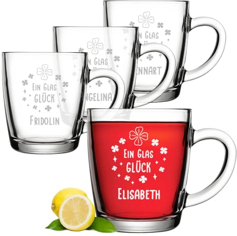 polar-effekt Glas Tasse 340 ml 4er-Set mit personalisierter Gravur - Teetasse aus Borosilikatglas - Geschenk zum Geburtstag - stabil und hitzebeständig