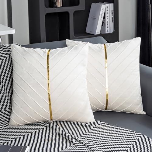 Jayusaror Kissenbezug 45x45 Samt Beige Dekokissen Gold Zierkissenbezug Deko Kissen Kissenhülle Weiche Kissenbezüge Moderne Zierkissen Bezug für Sofa Couch Schlafzimmer Wohnzimmer 2er Set