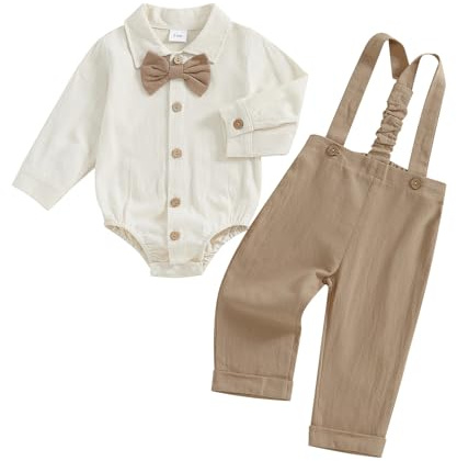 MAHUAOYIXI Gentleman 2-teiliges Outfit für Baby Jungen Body Hemd mit langen Ärmeln und Fliege + Hose mit Trägern Gentleman-Set Hochzeit Zeremonie, kaki, 0-3 Monate