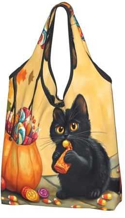 VOSERY Halloween söt godis svart katt återanvändbara matkassar shoppingväskor för livsmedel vikbar tygväska med handtag, Svart, 3 PCS
