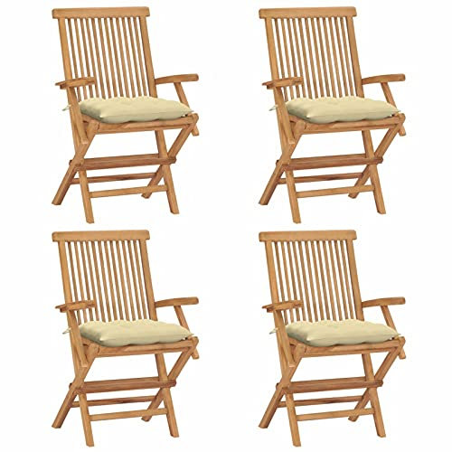 ShGaxin Gartenstühle mit Cremeweißen Kissen, Gartenmöbel, Balkonstühle, Hochlehner, Balkonmöbel, Bistrostuhl, Garten Stühle, Armlehnenstuhl, 4 STK. Massivholz Teak