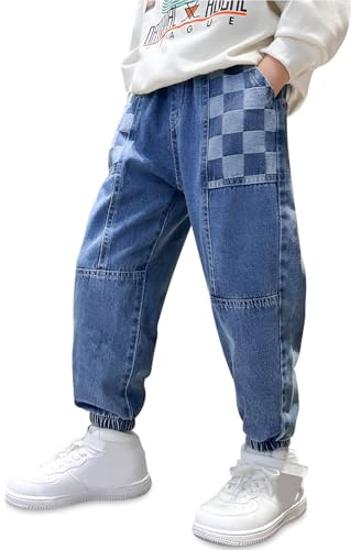 Baogaier Jeans para Niños, Holgados Vaqueros Casual Cintura Elástica Pantalones con Diseño de Pierna Cónica, Azul Lattice Largos Stretch Denim Jeans con Bolsillos Moda Niño Pants para 13-14 años