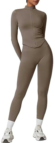 Generisch Ensemble d'entraînement 2 pièces côtelé sans couture pour femme avec veste à fermeture éclair et leggings taille haute pour la salle de sport et le yoga - Deux pièces - Tricot pour femme,
