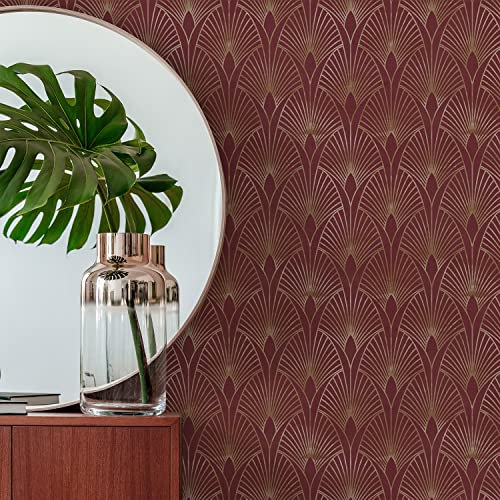 FUNLIFE - Papel pintado de estilo Art Deco – Papel pintado adhesivo con motivos geométricos – Pluma dorada roja 40 x 250 cm