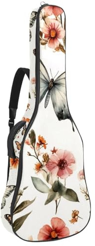 Tasche für Akustikgitarre, 1 cm dicke Polsterung, wasserdicht, Oxford-Stoff, Gitarrentasche, Rucksack für 40-42 Zoll E-Bass, klassische Gitarren, weiße Blumen und grüne Blätter auf rotem Hintergrund