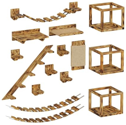 QLS Katzen Kletterwand Set XXL aus Kiefernholz geflammt für Wand und Decke | Mit Brücken, Liegeflächen, Kratzer, Regalen und Hängematte für Klettern, Spielen, Beobachten und Ausruhen auf mehreren Ebenen