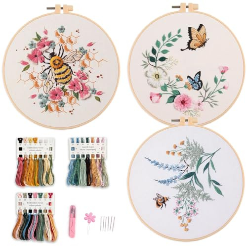 Myfelicity Embroidery Kit, 3 Decorative Hoop Art Designs with Honeycomb and Garden Patterns, DIY Needlework Set (Butterflies and Bees)