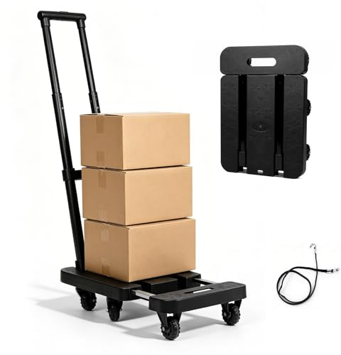 Plasaig Folding Hand Trolley Transportwagen mit 6 Rädern, bis 150 kg belastbar, Schwerlast Rollwagen faltbar mit Verstellbarer Ladefläche & Spanngurten, kompakter Handwagen für Haushalt, Büro& Reisen