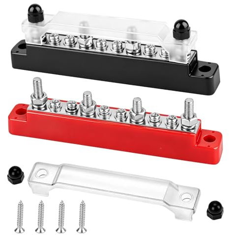 Blocco di distribuzione dell'energia, 12 V-48 V CC, 150 A, 2 pezzi, barra di raccolta con 4 bulloni M6 e 6 viti M4, scatola di giunzione con copertura per auto, barca, camper e sistema solare