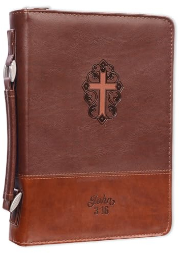 Braune Bibelhülle aus Kunstleder | John 3:16 mit Kreuz-Design | mittelgroßes Bibeletui für Herren/Damen