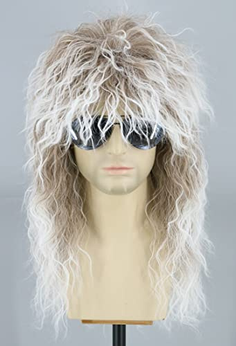 Topcosplay Parrucca di triglia anni '70 e '80, stile rock, retrò, per uomini e donne, parrucca lunga e riccia, per costume di Halloween, colore: marrone sfumato bianco