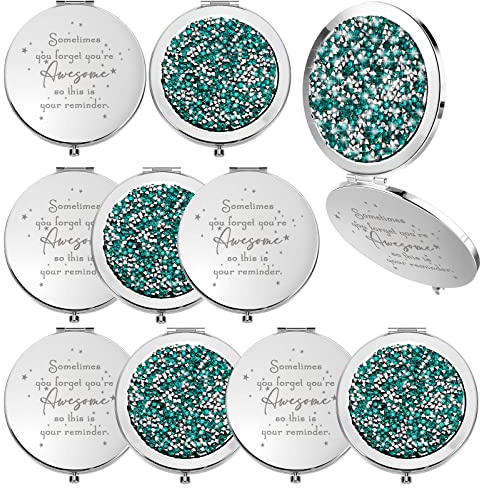 Roowest 10 Pcs Inspirational Compact Mirror Bulk You're Awesome Reminder Appreciation Gifts for Women Employee Coworker Friends Sisterhood Mothers Day Party Favors Pocket Mirrors (Green)