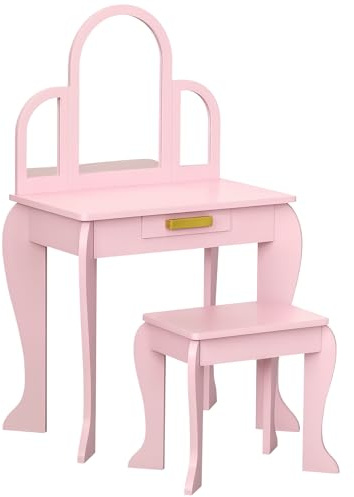 HOMCOM Tavolo per Trucco per Bambine 3-6 Anni con Sgabello, Cassetti e Specchio Coordinato in Acrilico, in MDF e Legno di Pino, Rosa