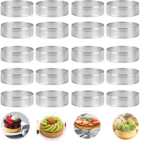 Smallterm Lot de 20 moules à tartelettes ronds avec trous pour tartelettes aux fruits, quiches, gâteaux, mousses, moules à gâteau perforés, 8 cm