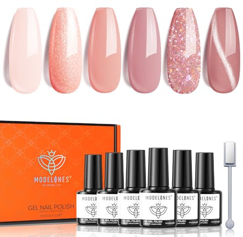 Modelones Gel Nail Polish 6 Colors Nude Sparkle Cat Eye Magnetic Gel Polish Glitter Skin Tones Neutral Soak off Manicure DIY Nail Art Salon Home for Women