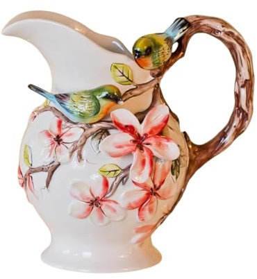 FORLONG Jarra de agua grande de cerámica, con diseño de magnolia pintada a mano en 3D y pájaros para decoración del hogar, 11.8 pulgadas de alto