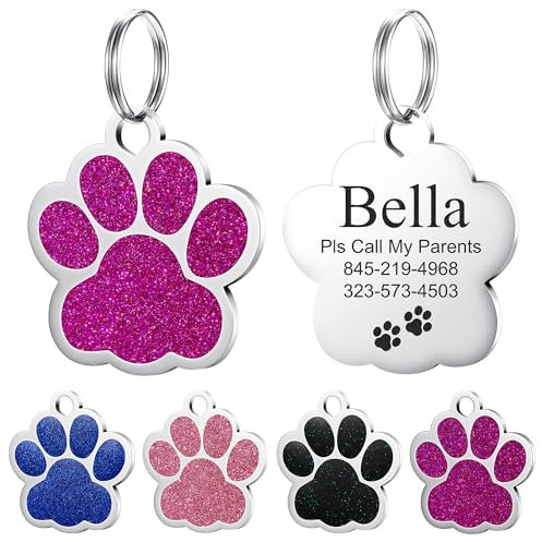 Hundemarke mit Gravur - YEHANTI Personalisierte Anhänger für kleine bis mittelgroße Hunde in Glitzernder Pfotenabdruck- Edelstahl Hundemarke Personalisiert mit Name, Telefonnummer und Adresse (Rot)