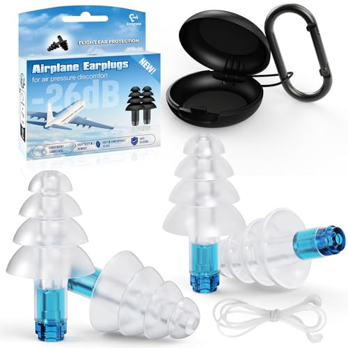 Bouchon Oreille Avion, 2 Paires Bouchons d’Oreilles Enfants 6+ et Adultes/Canal Auditif Étroit, 26dB, Réutilisables Silicone avec Cordon, Protection Auditive pour Avion, Moto, Concert, Voyage, Bruit