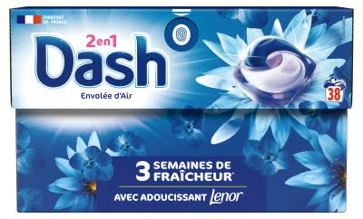 Dash 2en1 PODS, Lessive En Capsule, 38 Lavages, Envolée d’air, 3 SEMAINES DE FRAÎCHEUR* AVEC L’ADOUCISSANT LENOR, Fabriquée En France. Dash 2in1