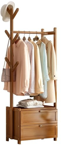 angelfanmily Perchero Burro de Bambú, Perchero de Pie Armario Abierto Madera con 4 Separadores y 2 Cajones, Ropa de Bambú para Entrada, Pasillo, Dormitorios Sala de Estar, Fácil de Montar