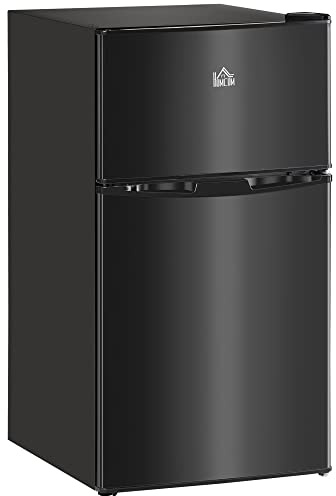 HOMCOM 88L Under Counter Fridge Freezer with 5-Setting Thermostat, Small Fridge with Light, 2 Reversible Doors, Removable Shelves and Ice Box, 3 Star Freezer Rating, E Rated, Black