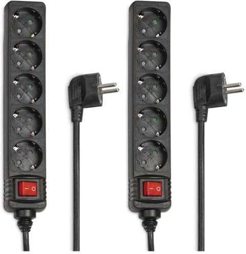 Hama Ciabatta elettrica a 5 prese (presa multipla 1,4 m, con interruttore, maggiore protezione da contatto, slot ruotati di 45 gradi, spina certificata GS), colore nero (Confezione da 2)