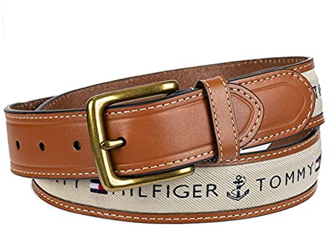 Tommy Hilfiger Men's Leather Casual Belt with Fabric Inlay, 34, Tan with Khaki Inlay