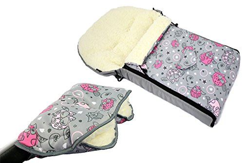 BAMBINIWELT KOMBI-erbjudande muff/handvärmare universell vinterryggsäck (108 cm), även lämplig för babyskål, barnvagn, barnvagn, tillverkad av ull i uggledesign (motiv $2)