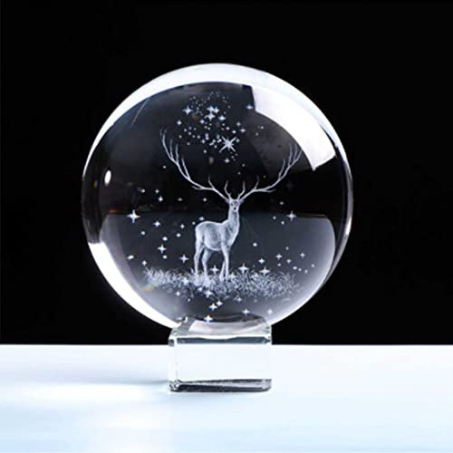 Ohiyoo 3D Crystal Elk Crystal Engraved Deer Glass Ball Figurines for Birthday Home Office Decor (60mm, Elk)