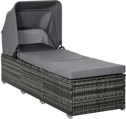 Outsunny Lettino Prendisole da Giardino in Rattan PE, Chaise Longue Sdraio da Piscina con Schienale Reclinabile a 4 Livelli, Tettuccio e Materassino, Grigio