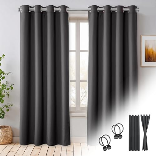 Cozyor Verdunklungsvorhänge Gardinen 2er Set mit Magnet-Raffhalter Thermogardine gegen Kälte, verdunkelnd, grau Nebula, Gardine mit Ösen für Schlafzimmer, Wohnzimmer, Kinderzimmer 220x135 cm