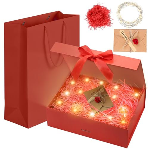 Idota Geschenkbox mit Deckel, Geschenkschachtel Schwarz, Geschenkkarton mit Schleife, Tasche, Farbband, Licht, Raffia, Grußkarten,Geschenkboxen für Hochzeit Geburtstag Weihnachten Jubiläum (Rot M)