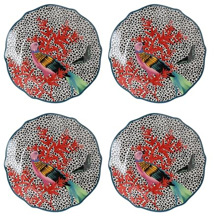Mikasa x Sarah Arnett Beistellteller, 4er-Set, Porzellan Beistellteller-Set, runde kleine Teller mit lebhaftem Druck & Wellenschliff, 19cm - spülmaschinenfest