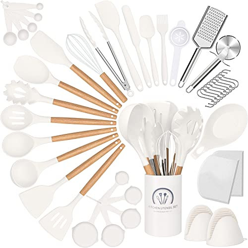RIOVARM Set de utensilios de cocina de silicona, Antiadherente Utensilios de Cocina con Soporte Utensilios de Cocina Cortador de Pizza Batidor de Silicona Espátulas Set de Tazas y Cucharas Medidoras