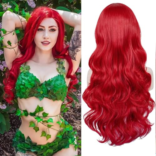 PORSMEER Rote Meerjungfrau Perücken Damen mit Seestern Haarspangen, Rot Lockiges langes Haar Tägliche Perücke Hitzebeständig Synthetische Faser für Halloween für Cosplay Kostüm