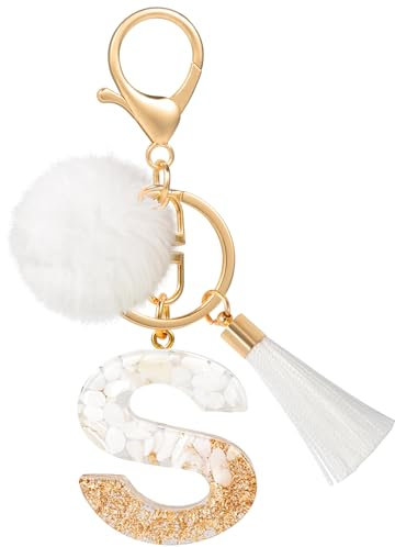 MWOOT Porte Clé Lettre S Peluche Tassel, Initial Keychain Résine Or Blanc Personnalisé Porte Clef Lettre Décoratif Pendentif, Porte Clef Kawaii Voiture Charm, Idee Cadeau D'Anniversaire pour Femme(S)